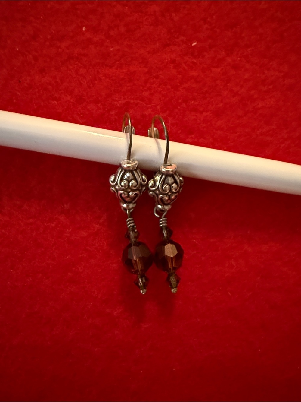 Vintage Brighton Silver Scroll Bead Drop Earrings – Brown Crystal Dangle – Frenc